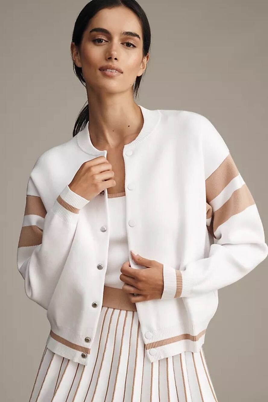 Beach Riot Serene White Almond Colorblock Stripe Snap Front Bomber Jacket Small